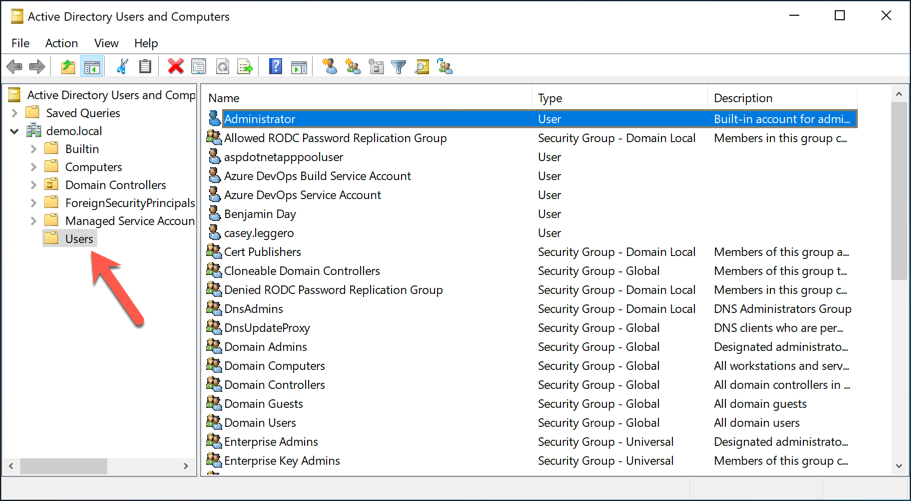 The Domain Users section of Active Directory Users and Computers