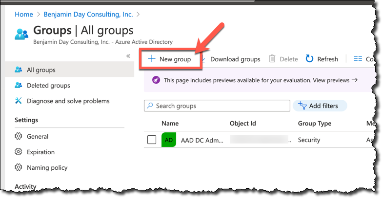 Azure Active Directory Groups page
